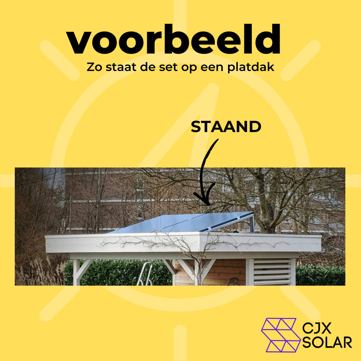Voorbeeld installatie zonnepanelen op plat dak in portrait opstelling