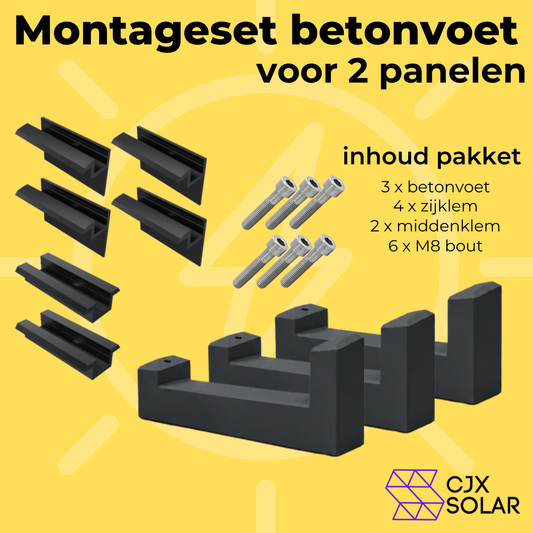 15° betonvoet montageset voor twee plug & play zonnepanelen, inclusief betonvoeten, klemmen en M8-bouten.