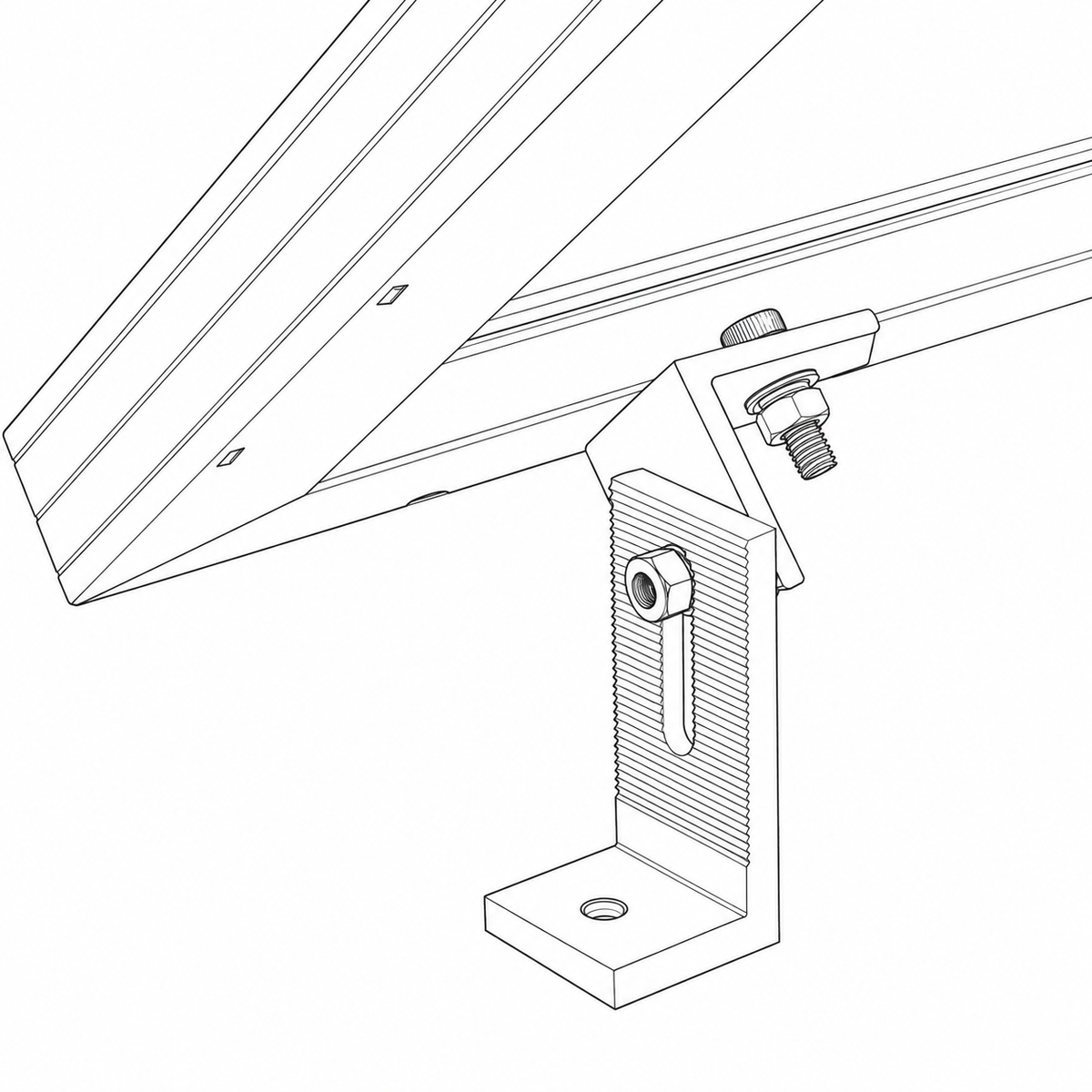 Lijntekening van een verstelbare universele montagesteun die met een M8-bout aan het frame van een plug en play zonnepaneel wordt bevestigd
