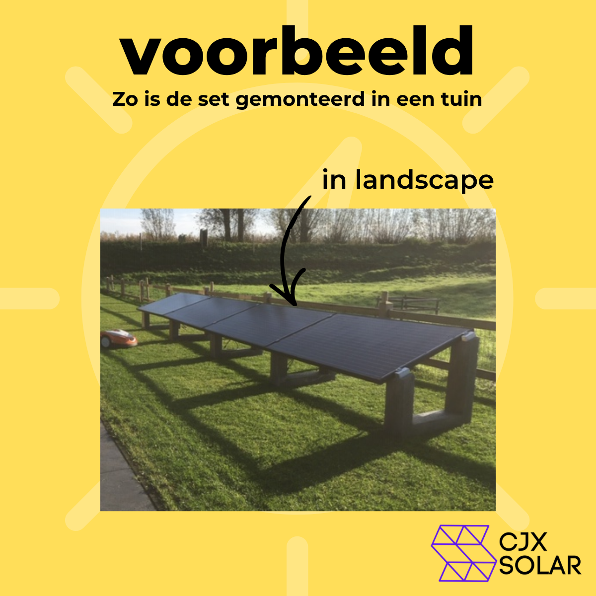 Voorbeeld van twee plug & play zonnepanelen in landscape-opstelling op verhoogde 15° betonvoeten in de tuin.
