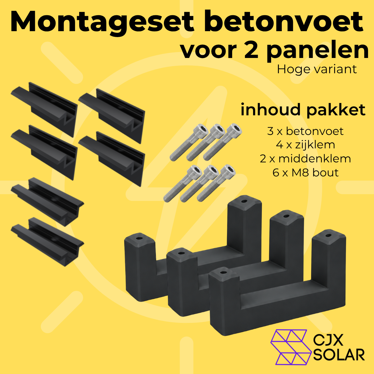 Verhoogde 15° betonvoet montageset voor twee plug & play zonnepanelen in de tuin, inclusief betonvoeten, klemmen en M8-bouten.